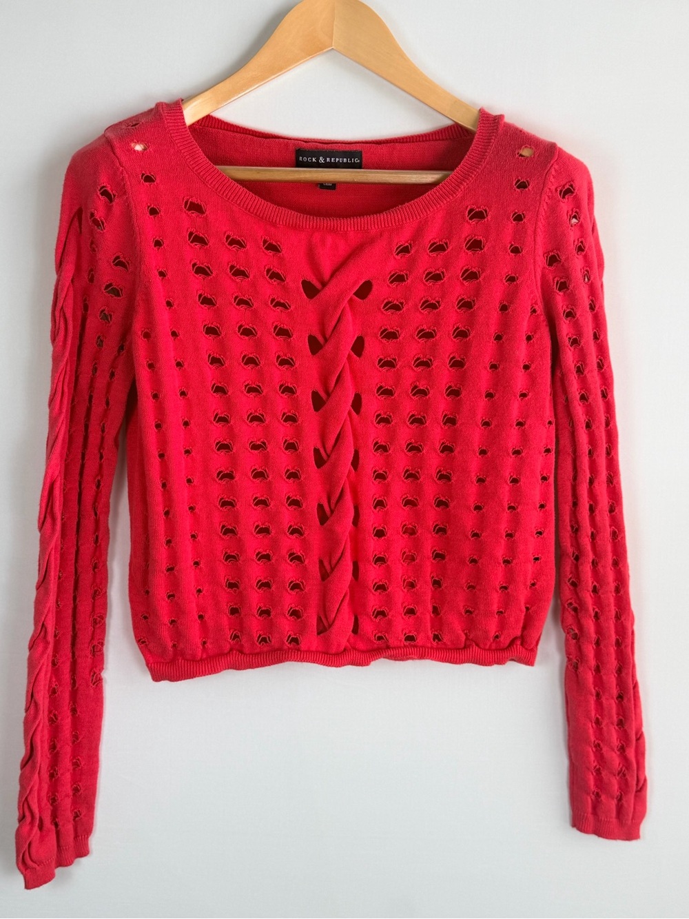 Rock & Republic Red Distressed Cutout Lace Up Sweater Size Medium